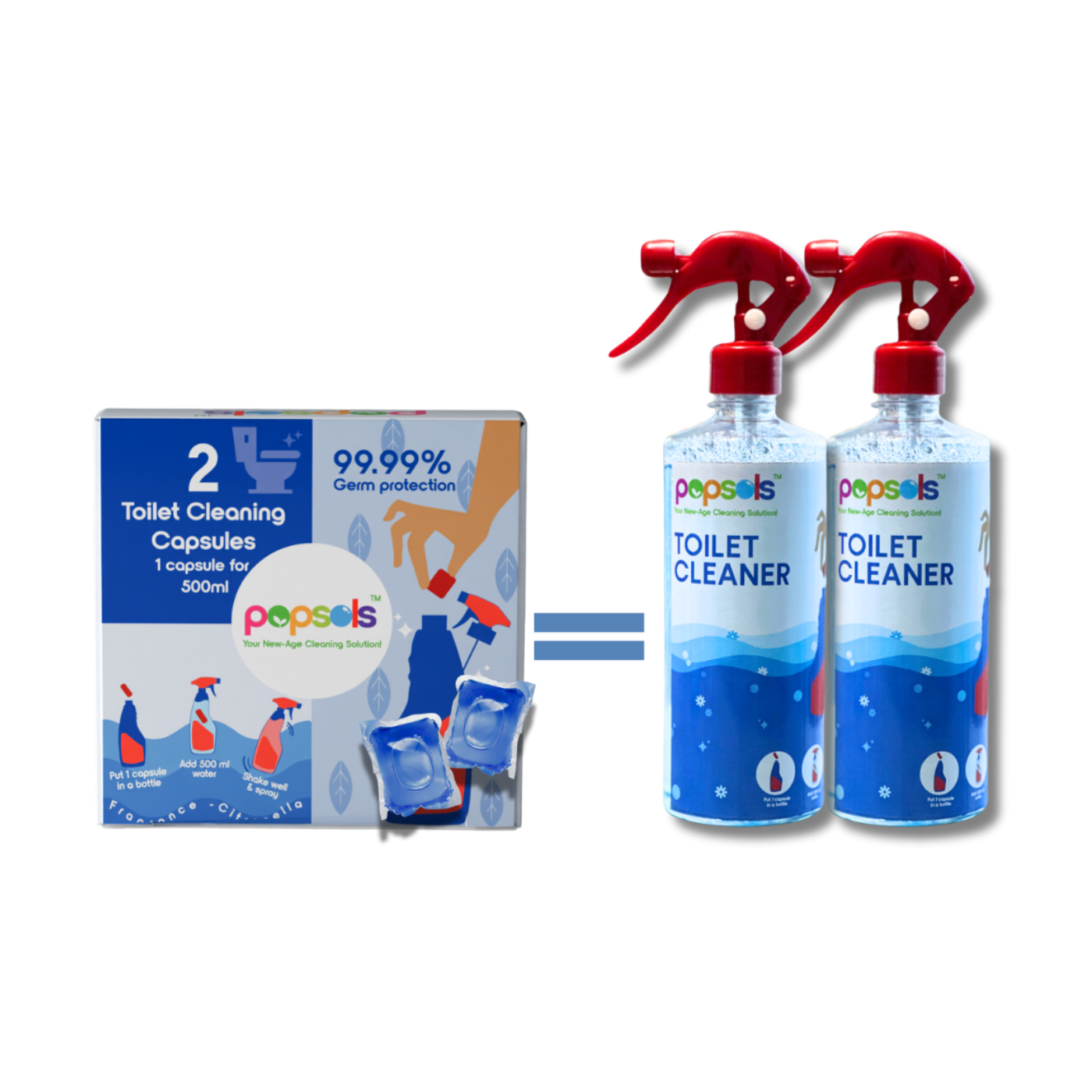 Toilet Cleaner Capsules | Pack of 2 Eco-Friendly 4-in-1 Capsules | Each EcoPod Makes 500ml Solution