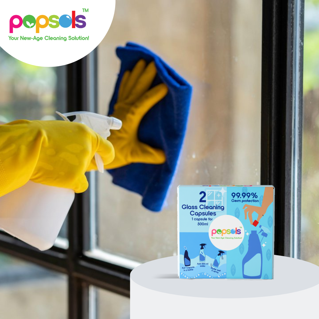 Popsols EcoPods Glass Cleaner – Pack of 2 Capsules | Streak-Free Shine for Mirrors, Windows, Tables, Car Windshields & More | Eco-Friendly, Biodegradable| 1 EcoPod Makes 500ml Spray - With Bottle