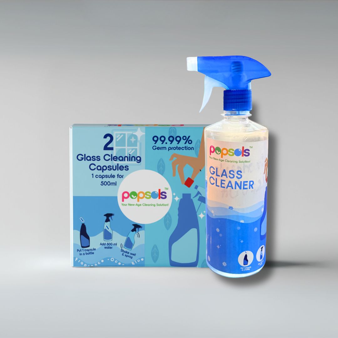Popsols EcoPods Glass Cleaner – Pack of 2 Capsules | Streak-Free Shine for Mirrors, Windows, Tables, Car Windshields & More | Eco-Friendly, Biodegradable| 1 EcoPod Makes 500ml Spray - With Bottle