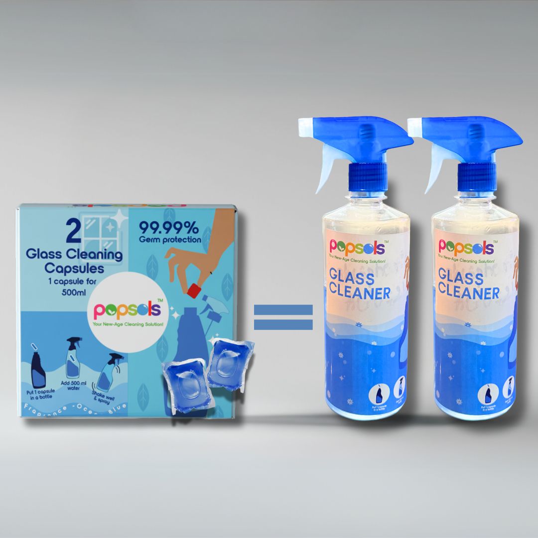 Popsols EcoPods Glass Cleaner – Pack of 2 Capsules | Streak-Free Shine for Mirrors, Windows, Tables, Car Windshields & More | Eco-Friendly, Biodegradable| 1 EcoPod Makes 500ml Spray - With Bottle