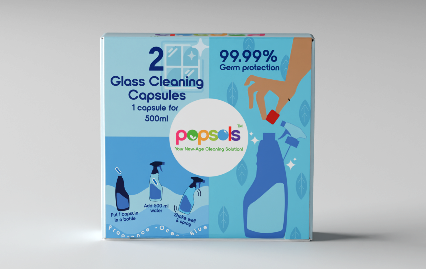 Popsols EcoPods Glass Cleaner – Pack of 2 Capsules | Streak-Free Shine for Mirrors, Windows, Tables, Car Windshields & More | Eco-Friendly, Biodegradable| 1 EcoPod Makes 500ml Spray - With Bottle